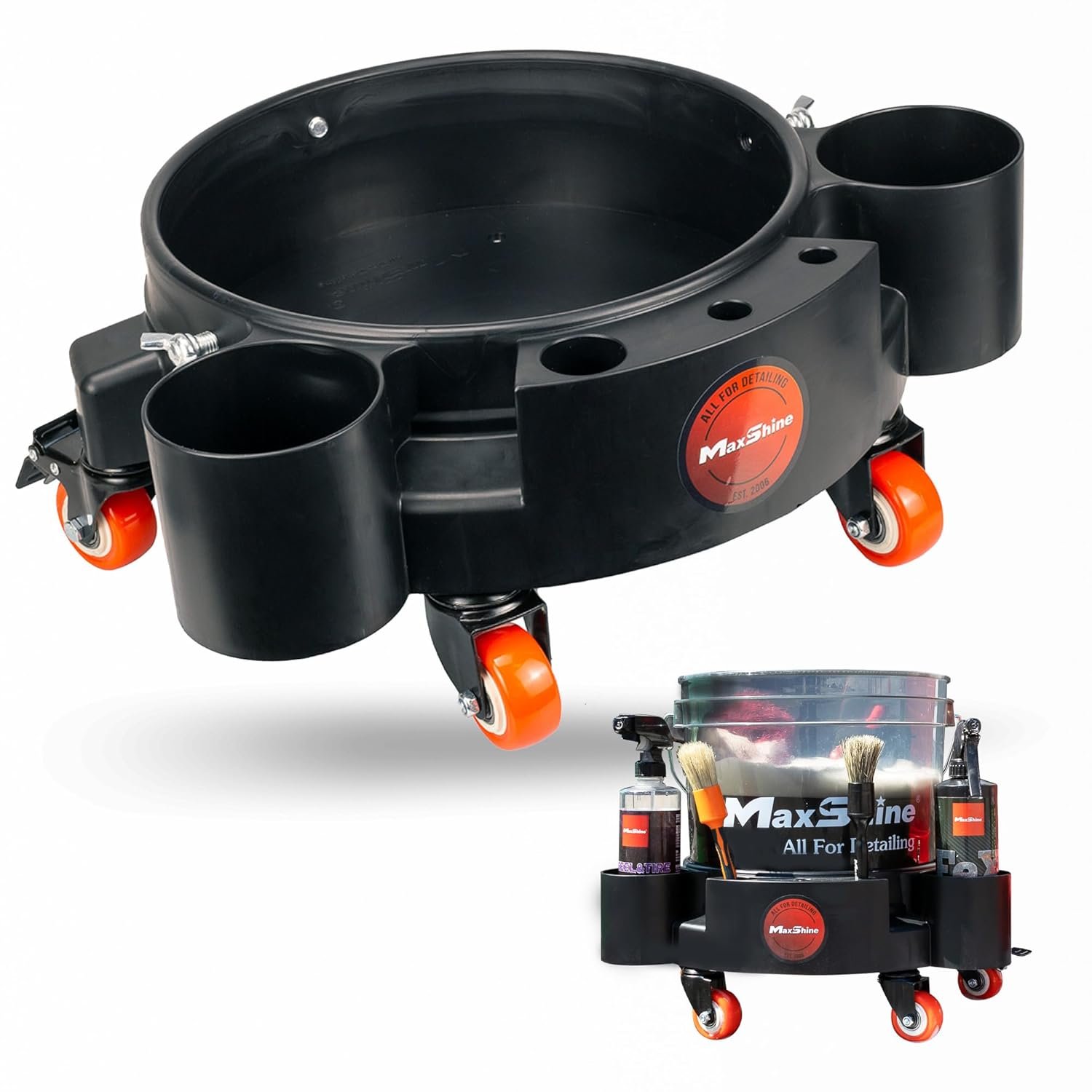 Professional Rolling Bucket Dolly | Fits 2.7and5 Gallon Buckets | 360Â° Swiveling Wheels, 3 Brush Holders, Bottle Storage & Locking Screws